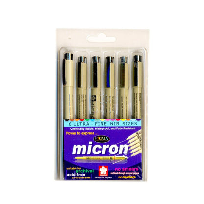 SAKURA Pigma Micron Fineliner Pens, Set of 6 Nib Sizes, Black