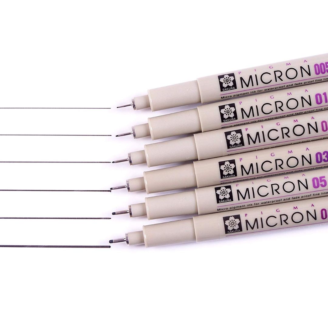 SAKURA Pigma Micron Fineliner Pens, Set of 6 Nib Sizes, Black
