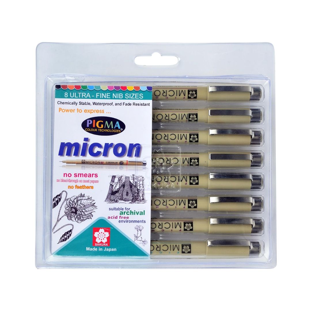 SAKURA Pigma Micron Fineliner Pens, Set of 8 Nib Sizes, Black