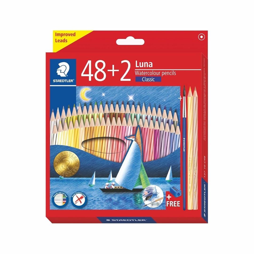 Staedtler Luna Classic Watercolour Pencil Pack of (48+2) Colour Pencils With Extra Bonded Break Resistant Leads (Assorted Colour) With Gift