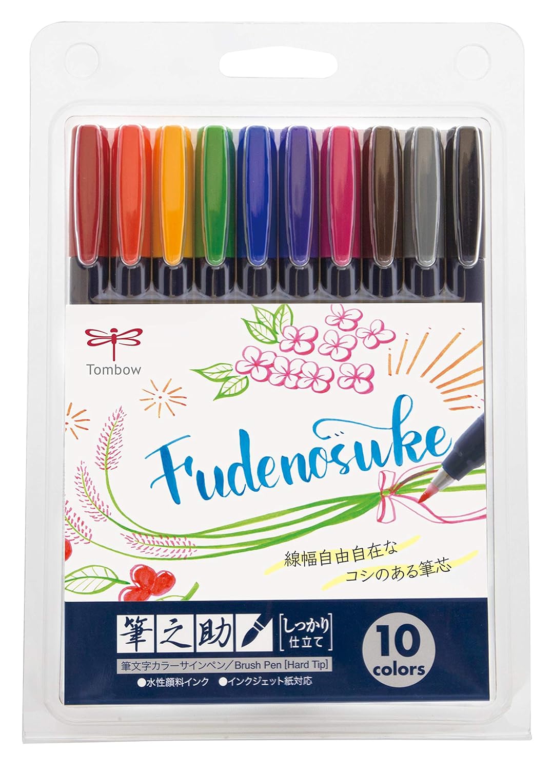 Tombow FUDENOSUKE Brush Pen, Hard Tip, 10colours Pack