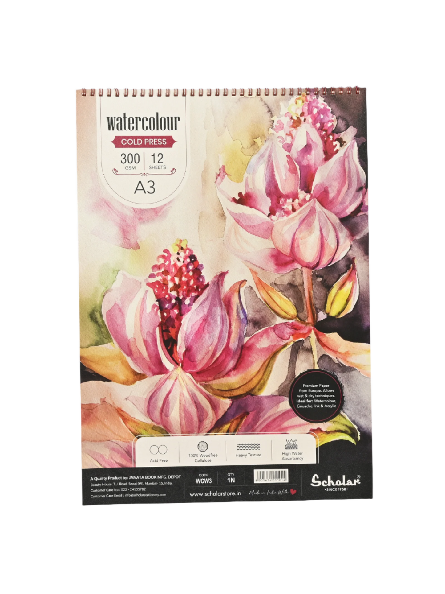 Scholar Watercolour Cold Pressed Paper Pads - Wire Bound, 300gsm