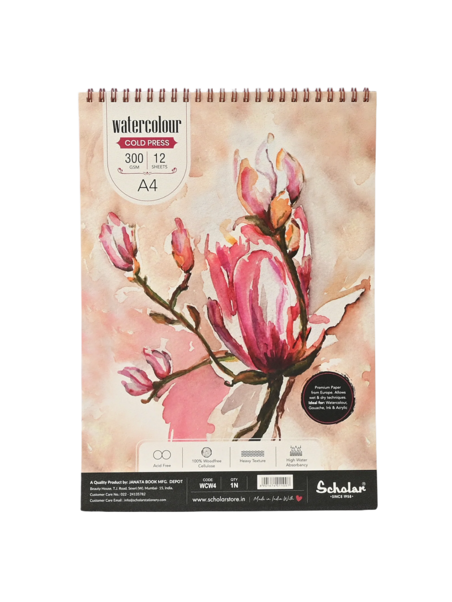 Scholar Watercolour Cold Pressed Paper Pads - Wire Bound, 300gsm