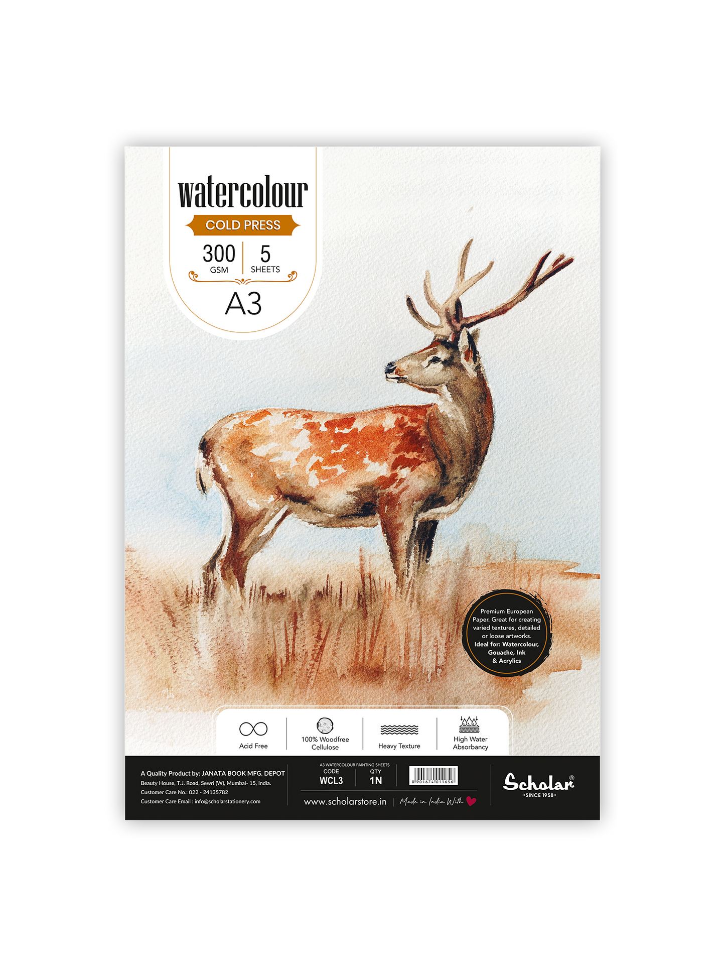 Scholar Watercolour Cold Pressed Paper, Loose Sheets, 300gsm