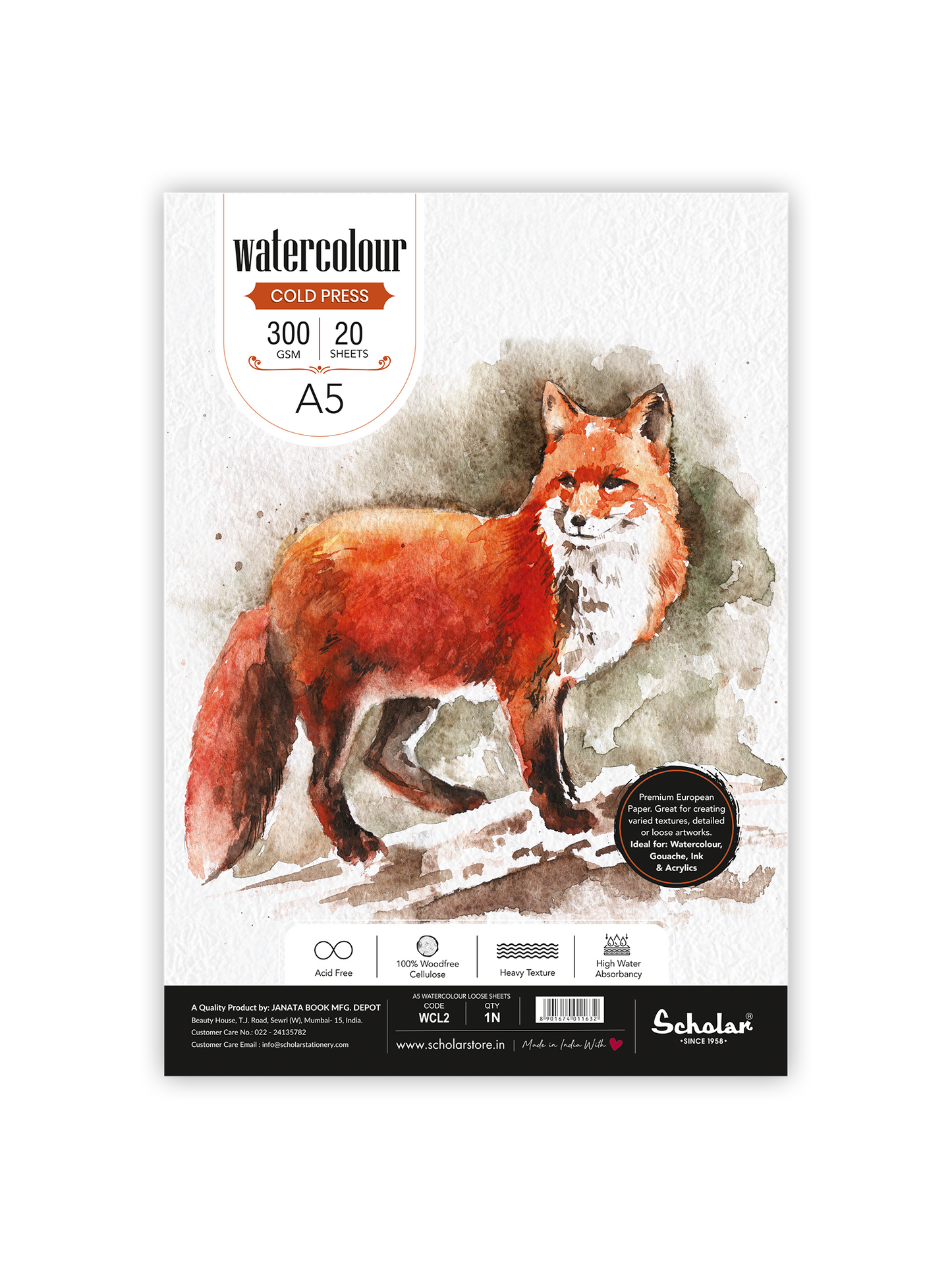 Scholar Watercolour Cold Pressed Paper, Loose Sheets, 300gsm