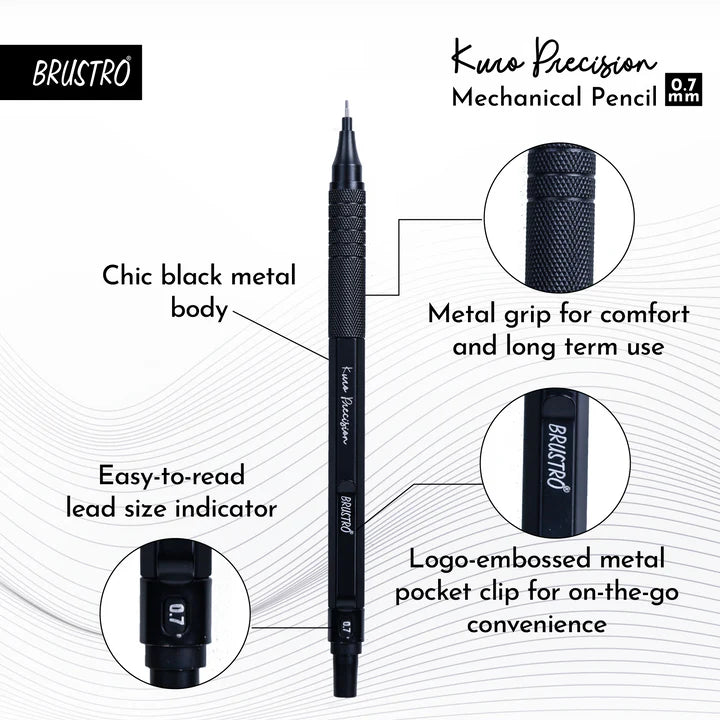 Brustro Kuro Precision Mechanical Pencil | Tip Size - 0.7mm With 20 - HB and 20 - 2B leads , 3 Eraser Refills