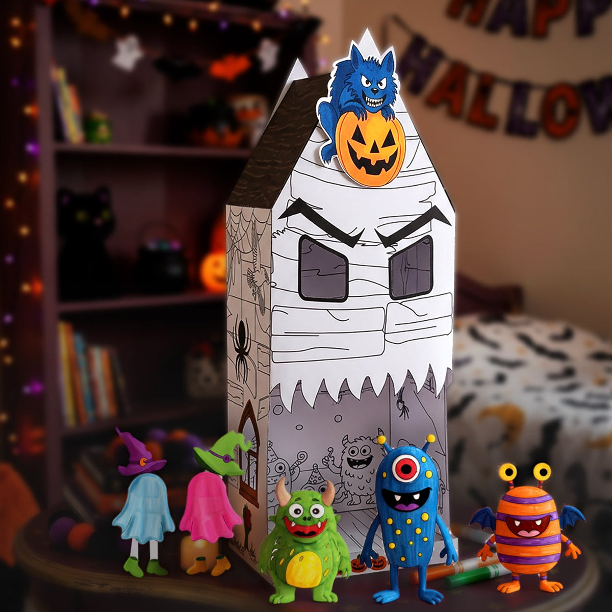 Unikplay Whimsy Monster Jumbo DIY House Kit With 12 Colouring Markers & 4 Characters, Pack of 1