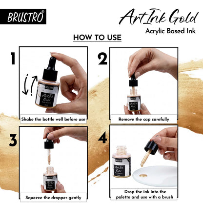 BRUSTRO ArtInk Acrylic Based Ink, Gold, 30ml, Metallic, Water-Resistant & Lightfast, Ideal for Drawing, Calligraphy, Brush Pens, Illustration, Journaling & Creative Artwork