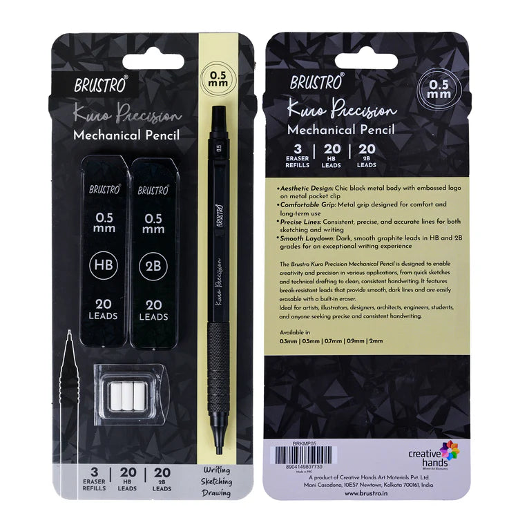 Brustro Kuro Precision Mechanical Pencil | Tip Size - 0.5mm With 20 - HB and 20 - 2B leads , 3 Eraser Refills