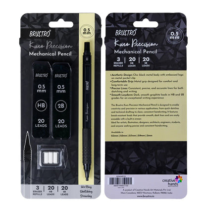 Brustro Kuro Precision Mechanical Pencil | Tip Size - 0.5mm With 20 - HB and 20 - 2B leads , 3 Eraser Refills