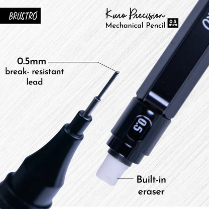 Brustro Kuro Precision Mechanical Pencil | Tip Size - 0.5mm With 20 - HB and 20 - 2B leads , 3 Eraser Refills