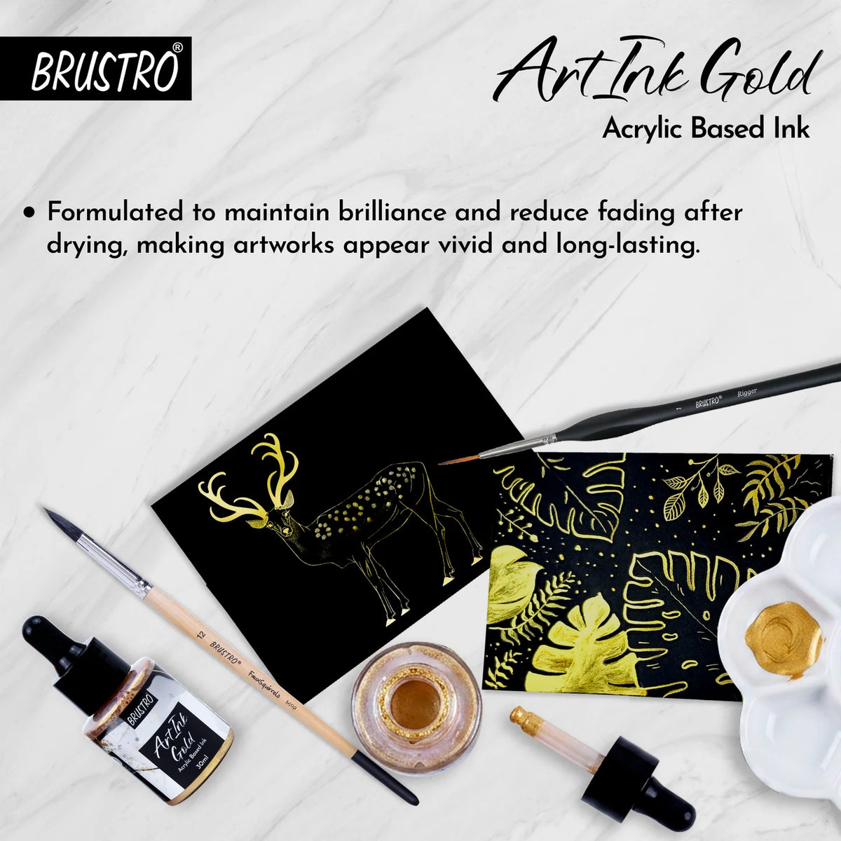 BRUSTRO ArtInk Acrylic Based Ink, Gold, 30ml, Metallic, Water-Resistant & Lightfast, Ideal for Drawing, Calligraphy, Brush Pens, Illustration, Journaling & Creative Artwork