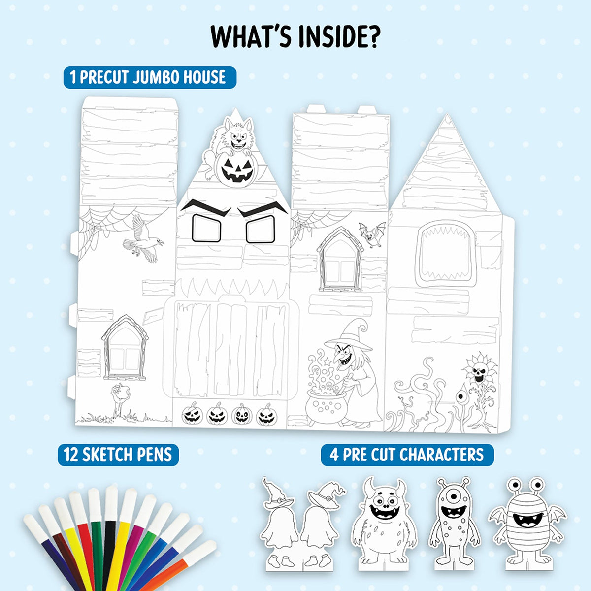Unikplay Whimsy Monster Jumbo DIY House Kit With 12 Colouring Markers & 4 Characters, Pack of 1
