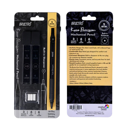 Brustro Kuro Precision Mechanical Pencil |Tip Size- 2mm With 6- HB and 6- 2B Leads , Built-in-Sharpener, 3 Eraser Refill