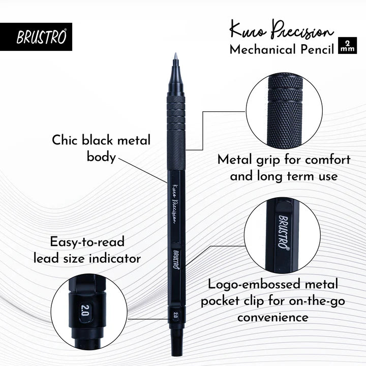 Brustro Kuro Precision Mechanical Pencil |Tip Size- 2mm With 6- HB and 6- 2B Leads , Built-in-Sharpener, 3 Eraser Refill
