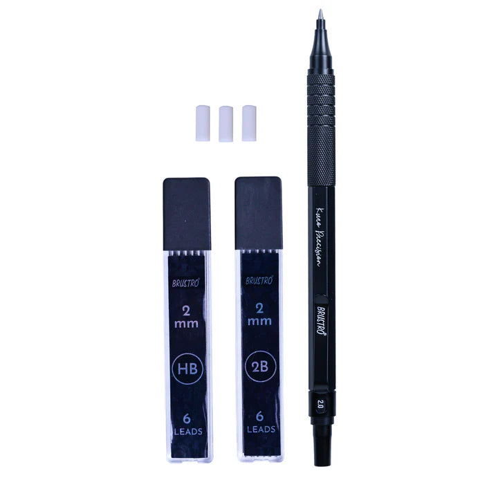 Brustro Kuro Precision Mechanical Pencil |Tip Size- 2mm With 6- HB and 6- 2B Leads , Built-in-Sharpener, 3 Eraser Refill